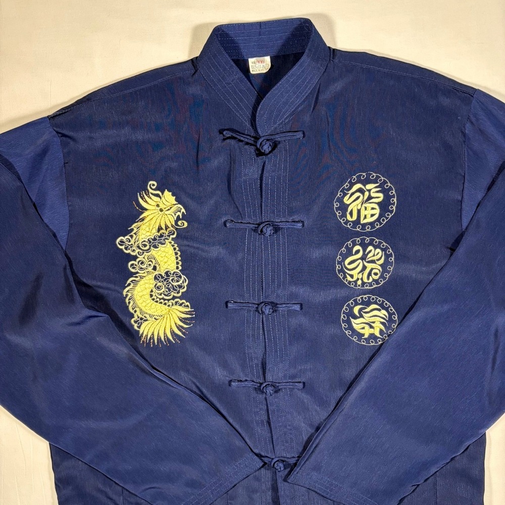 Mens 100% Silk Tangzhuang Kung Fu Jacket Navy Blue XL Dragon‎ Embroidered